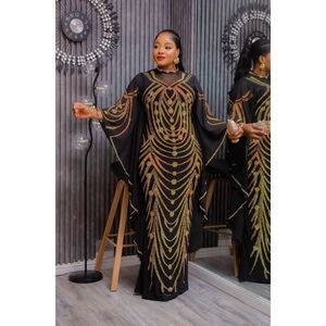 Bedazzled Glam Bat-Wing Maxi Dress (Black & Gold)